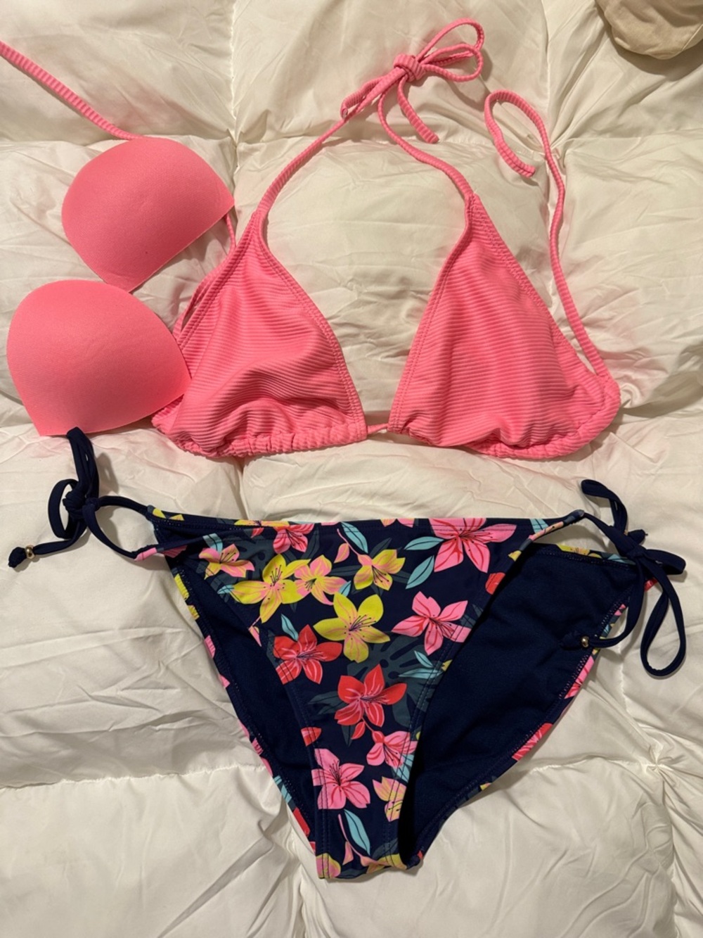 Pink Triangle Bikini Top with Navy Floral Tie-Side Bottoms